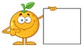 Smiling Orange Fruit Cartoon Mascot Character Pointing To A Blank Sign