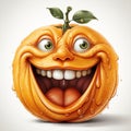 Smiling orange fruit with funny face in style of grotesque caricature, isolated on white background