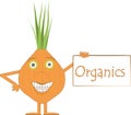 Smiling orange onion vegetable with arms and legs, green leaves, green eyes, a plaque with the inscription Organics