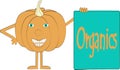 Smiling orange pumpkin with arms and legs, blue eyes, banner whith inscription