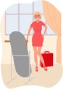 Smiling oung woman looking at herself in mirror. The girl is happy to buy a new dress. Vector illustration for ego
