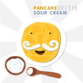 Smiling Pancake With Mustache Made By Sour Cream. Vector Illustration For Shrovetide.