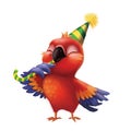 Smiling Parakeet Parrot Eating Candy in Party Hat - Kids Happy Birthday from Cute Hand-Drawn Animated Cartoon Character