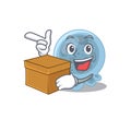 A smiling pasteurella cartoon mascot style having a box