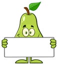 Smiling Pear Fruit With Green Leaf Cartoon Mascot Character Holding A Blank Sign.