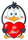 Smiling Penguin Cartoon Character Holding A Be Mine Valentine Heart