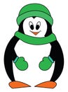 Smiling penguine with green hat scarf and mittens vector illustration