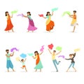 Smiling people dancing in national Indian costumes set for label design. Indian dance, Asian culture, cartoon detailed Royalty Free Stock Photo