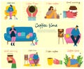 Smiling people friend drinking coffee and talking. Coffee time, break and relaxation vector concept cards. Vector