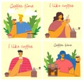 Smiling people friend drinking coffee and talking. Coffee time, break and relaxation vector concept cards. Vector illustration Royalty Free Stock Photo