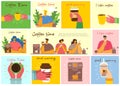 Smiling people friend drinking coffee and talking. Coffee time, break and relaxation vector concept cards. Vector Royalty Free Stock Photo