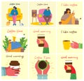 Smiling people friend drinking coffee and talking. Coffee time, break and relaxation vector concept cards. Vector Royalty Free Stock Photo