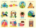 Smiling people friend drinking coffee and talking. Coffee time, break and relaxation vector concept cards. Vector illustration in Royalty Free Stock Photo