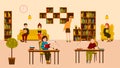 Smiling people reading and studying at public library. Cute flat cartoon men and women sitting at desks and on sofa