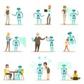 Smiling People And Robot Assistant, Set Of Characters And Service Android Companion