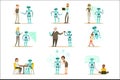 Smiling People And Robot Assistant, Set Of Characters And Service Android Companion Royalty Free Stock Photo