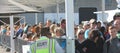 Smiling people wait in line for Alcatraz tour