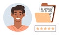 Smiling Person, Binary Data on Clipboard, and Five-Star Rating System Concept Royalty Free Stock Photo