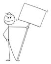 Smiling Person on Demonstration or Manifestation Holding Big Empty Sign, Banner or Placard , Vector Cartoon Stick Figure