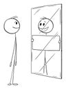 Happy Person Looking at Yourself in Mirror, Vector Cartoon Stick Figure Illustration