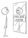 Happy Person Looking at Yourself in Mirror, Vector Cartoon Stick Figure Illustration