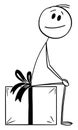 Smiling Person Sitting on Wrapped Gift or Present, Vector Cartoon Stick Figure Illustration
