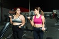 Smiling personal trainer and fat woman exercising Royalty Free Stock Photo