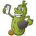 Pickle ball cartoon character taking a selfie on a mobile device to post to social media