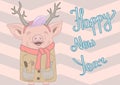 Smiling piggie with elk`s horns, purple hairstyle, wearing beige coat and red scarf with letters Happy New Year beside