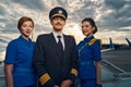 Smiling pilot and charming stewardesses standing on the boarding stairs Royalty Free Stock Photo