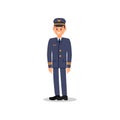 Flat vector illustration of smiling pilot. Young captain of aircraft. Element for promo poster of airline
