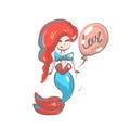 Smiling pink-haired mermaid with balloon and word love