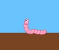 A smiling pink worm crawling on the earth with blue sky - vector