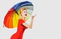 Smiling pinup woman with rain umbrella. Rainy rainbow autumn mood, girl isolated white.