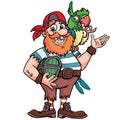 Smiling pirate holds a small coffin with a treasure in his hands and a parrot