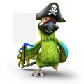 Smiling pirate parrot with peg leg, hat and patch holding a white board empty sign with room for text or copy space advertisement