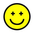 Smiling pixelated emoticon icon. Round cheerful character