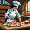 Smiling Pizza Chefs made as cartoons preparing pizza in their pizza kitchens. Cartoon styles