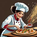 Smiling Pizza Chefs made as cartoons preparing pizza in their pizza kitchens. Cartoon styles