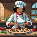 Smiling Pizza Chefs made as cartoons preparing pizza in their pizza kitchens. Cartoon styles