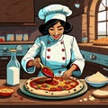 Smiling Pizza Chefs made as cartoons preparing pizza in their pizza kitchens. Cartoon styles