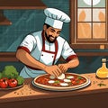 Smiling Pizza Chefs made as cartoons preparing pizza in their pizza kitchens. Cartoon styles