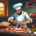 Smiling Pizza Chefs made as cartoons preparing pizza in their pizza kitchens. Cartoon styles