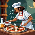 Smiling Pizza Chefs made as cartoons preparing pizza in their pizza kitchens. Cartoon styles