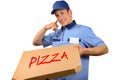 Smiling pizza delivery man holding pizza box Royalty Free Stock Photo