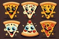 Smiling pizza slices with different toppings. Children\'s food. Generative ai