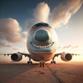 Smiling plane on a sandy airfield. AI generative illustration