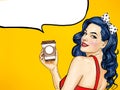 Smiling Pop Art woman with coffee cup. Advertising poster or party invitation with girl with wow face Royalty Free Stock Photo