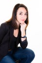 Smiling posing charming business woman portrait on a white background