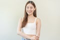 Smiling positive, attractive asian young woman wearing casual dress, portrait of beautiful brunette her with long brown hair, Royalty Free Stock Photo